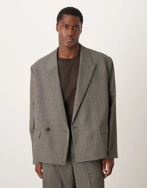  Asos Design Extreme Oversized Suit Jacket In Grey Herringbone 