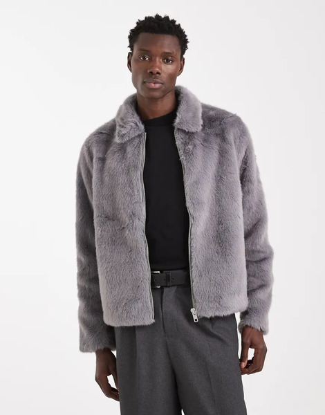  Asos Design Faux Fur Jacket In Grey 