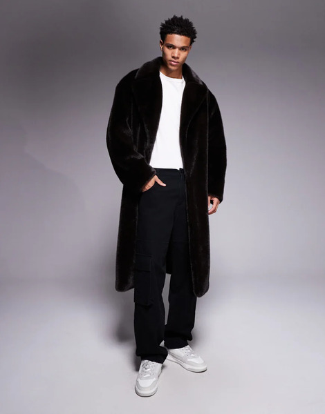  Asos Design Faux Fur Oversized Long Over Coat In Brown 