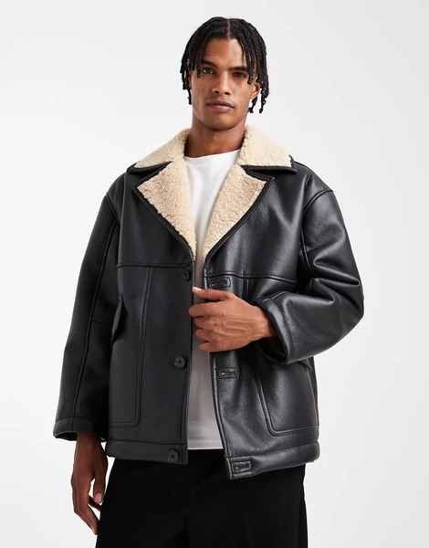  Asos Design Faux Leather Aviator Jacket With Borg Lining In Black 