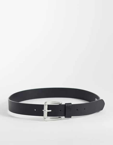  Asos Design Faux Leather Belt With Embossed Silver Buckle In Black 