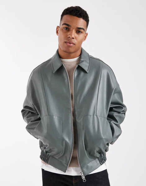  Asos Design Faux Leather Bomber In Sage Green 