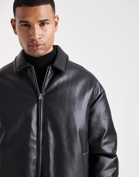  Asos Design Faux Leather Bomber Jacket In Black 
