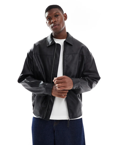  Asos Design Faux Leather Bomber Jacket In Black 