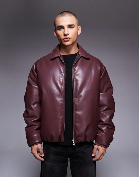  Asos Design Faux Leather Bomber Jacket In Burgundy Red 