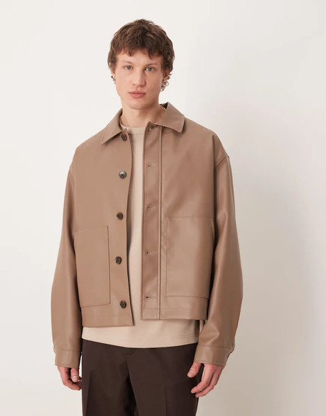 Asos Design Faux Leather Coach Jacket In Brown 