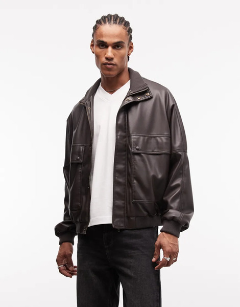  Asos Design Faux Leather Funnel Neck Jacket In Brown 