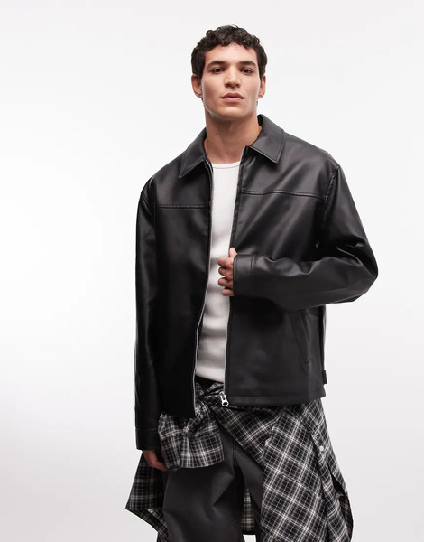  Asos Design Faux Leather Harrington Jacket In Black 