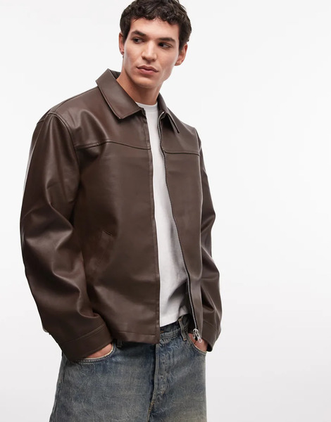  Asos Design Faux Leather Harrington Jacket In Brown 