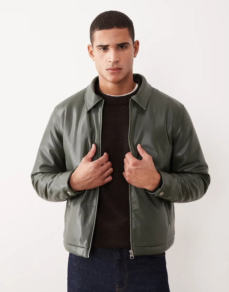  Asos Design Faux Leather Harrington Jacket In Green Navy 