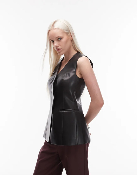  Asos Design Faux Leather Longline Waistcoat In Black 