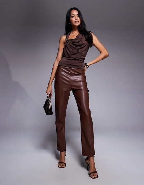  Asos Design Faux Leather Trouser In Brown 