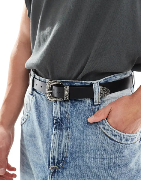  Asos Design Faux Leather Western Buckle Belt In Black 