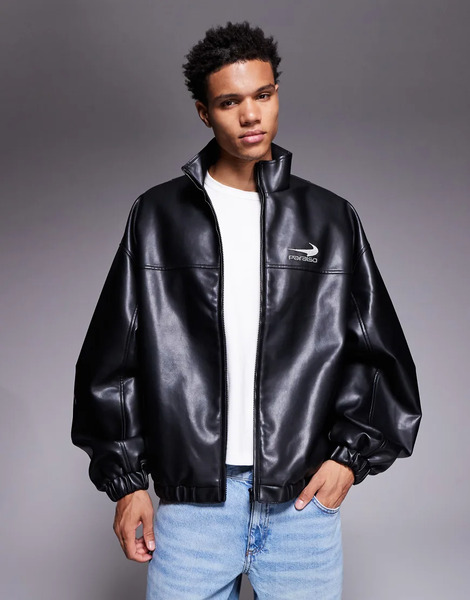  Asos Design Faux Leather Windbreaker In Black 