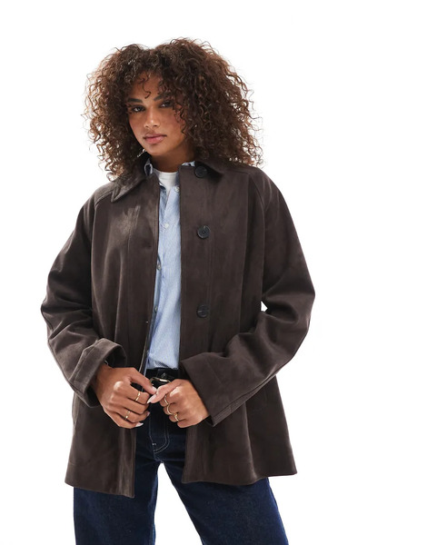  Asos Design Faux Suede Car Coat In Mocha Brown 