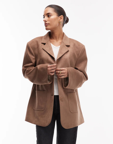  Asos Design Faux Suede High Break Oversized Blazer In Beige Neutral 