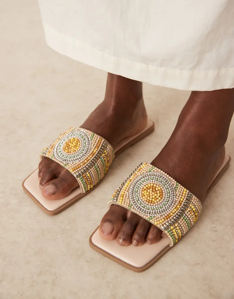  Asos Design Fig Square Toe Flat Mule Sandals With Beads In Multi Neutral 