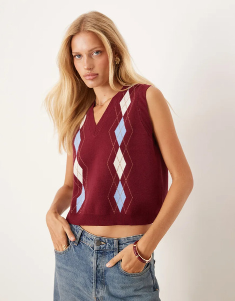  Asos Design Fine Knit Button Down Tank With Argyle Pattern Multi 