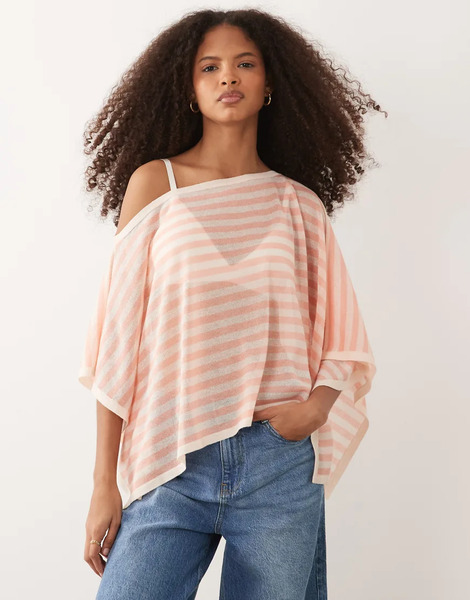  Asos Design Fine Knit Sheer Poncho In Peach Stripe Multi 