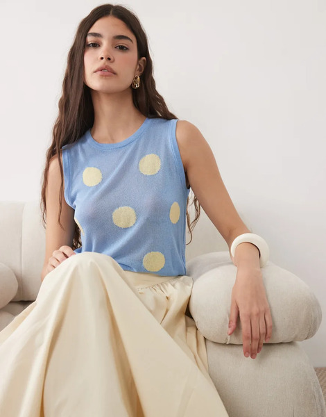  Asos Design Fine Knit Sheer Tank Top In Blue Polka Dot Multi 