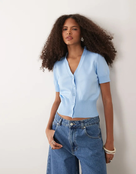  Asos Design Fine Knit V Neck Cardigan In Blue 