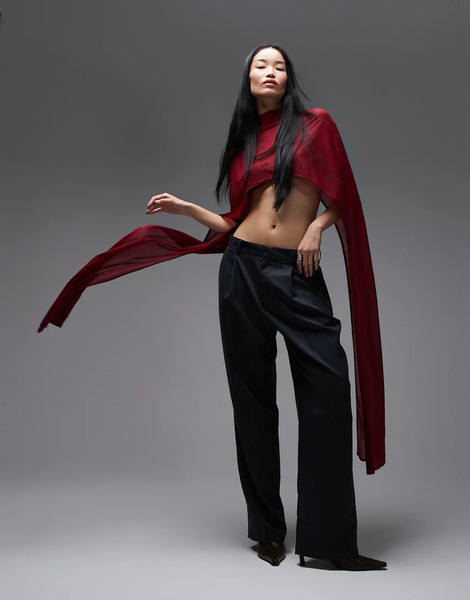  Asos Design Floor Length Mesh Cape Top In Burgundy Red 