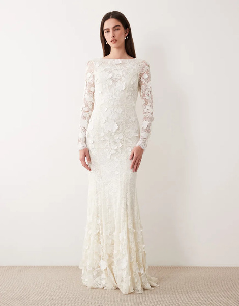  Asos Design Floral Applique Embroidered Lace Long Sleeve Open Back Maxi Wedding Dress In Ivory White 