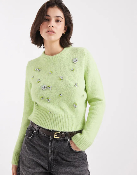  Asos Design Floral Embellished Neat Fit Jumper In Green 