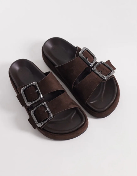  Asos Design Floyd Oversized Buckle Footbed Sandal In Chocolate Brown 