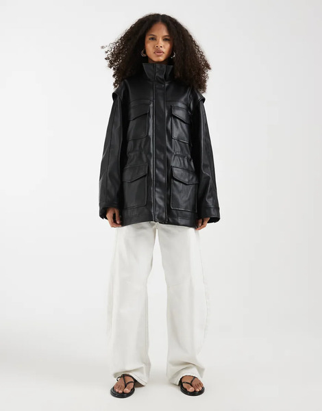  Asos Design Four Pocket Utility Leather Look Jacket In Black 