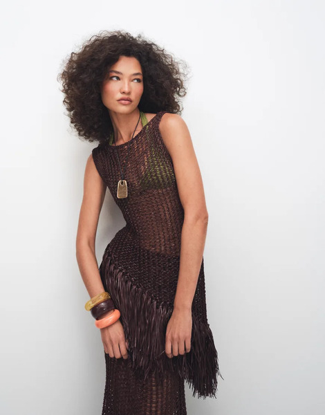  Asos Design Fringe Hem Open Stitch Aysmmetric Tank In Chocolate Brown 