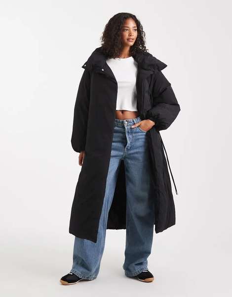  Asos Design Funnel Neck Longline Puffer Jacket In Black Grey 