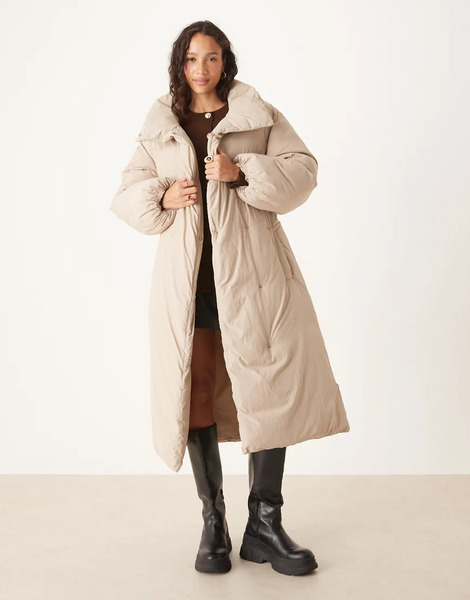  Asos Design Funnel Neck Longline Puffer Jacket In Stone Neutral 