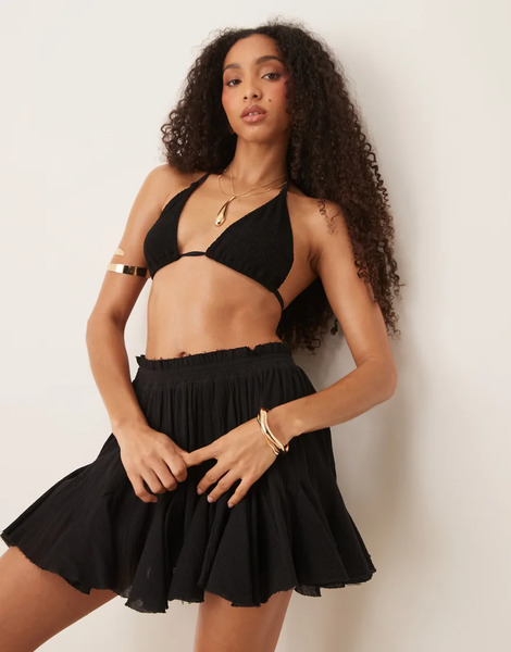  Asos Design Godet Pleated Beach Mini Skirt In Black 