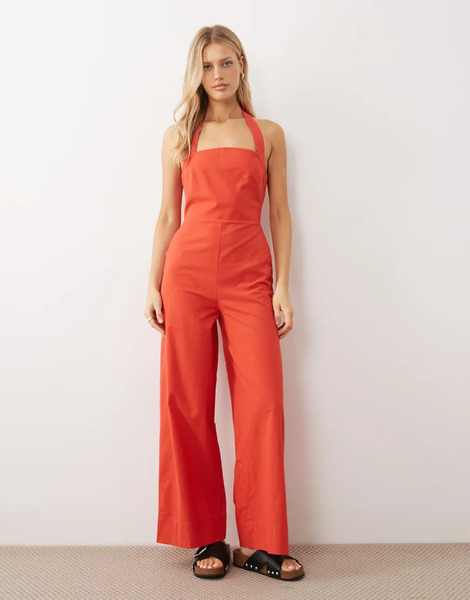  Asos Design Halter Neck Jumpsuit In Red 