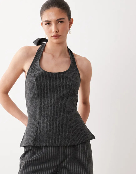  Asos Design Halter Neck Top Co Ord In Grey Pinstripe Multi 