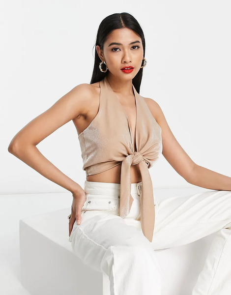 Asos Design Halter Tie Front Cami In Tan Brown 