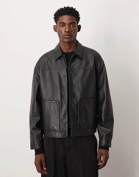  Asos Design Harrington Jacket In Real Leather In Black 