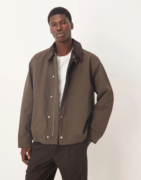  Asos Design Harrington Jacket With Cord Collar In Brown 
