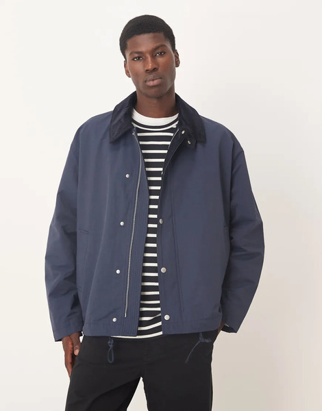  Asos Design Harrington Jacket With Cord Collar In Navy Blue 