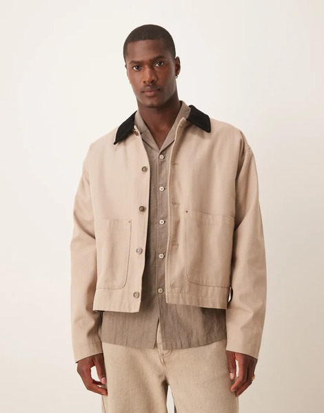  Asos Design Harrington Jacket With Cord Collar In Washed Stone   Stone Neutral 