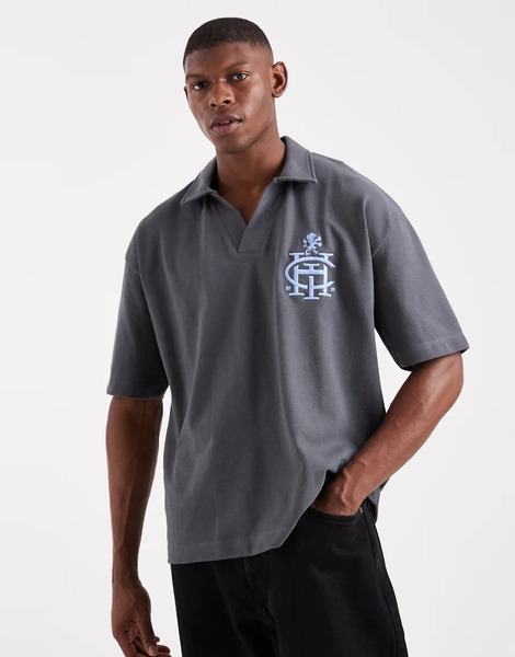  Asos Design Heavyweight Boxy Oversized Polo With Dropped Shoulder With Chest Logo Embroidery In Charcoal Pique Grey 