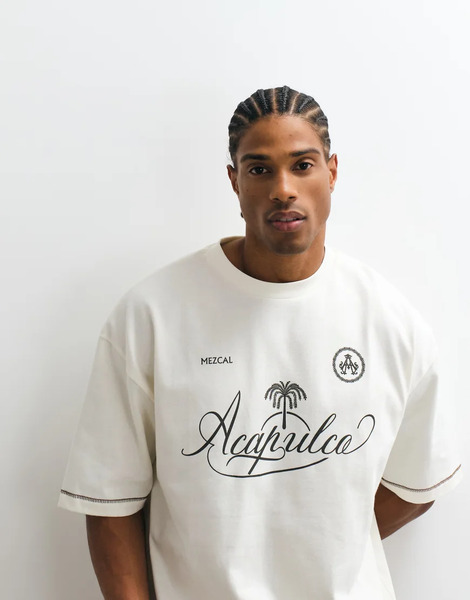  Asos Design Heavyweight Boxy Oversized T Shirt With Stitch Detailing And Football Graphic In Cream White 