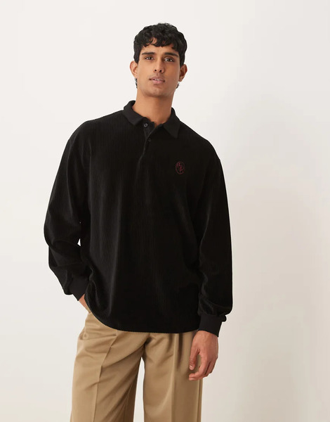  Asos Design Heavyweight Oversized Long Sleeve Polo T Shirt With Small Chest Embroidery In Black Velour Rib 
