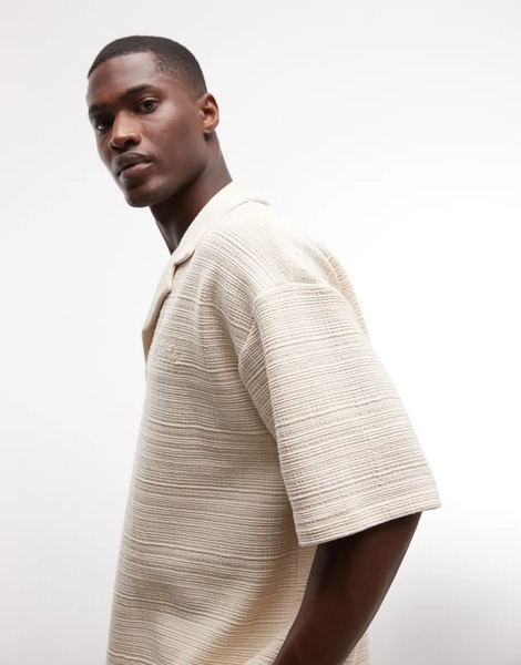  Asos Design Heavyweight Oversized Polo Co Ord With Satin Chest Embroidery In Grey Textured Fabric Neutral 