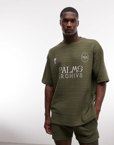  Asos Design Heavyweight Oversized T Shirt Co Ord With Football Graphic In Olive Textured Fabric Green 