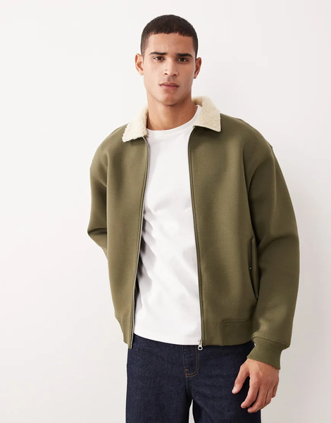  Asos Design Heavyweight Relaxed Bomber Jacket In Scuba Style Fabric With Borg Collar In Khaki   Khaki Green 