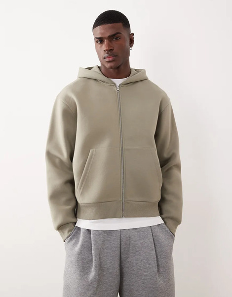  Asos Design Heavyweight Relaxed Boxy Zip Through Hoodie In Scuba Style Fabric In Khaki   Khaki Green 
