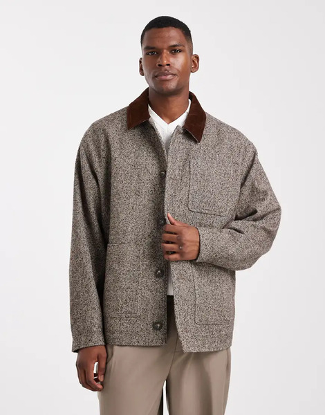  Asos Design Herringbone Wool Look Jacket In Brown 