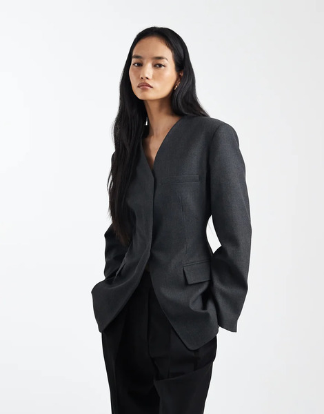  Asos Design High Break Point Collarless Blazer In Grey 